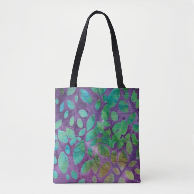 Bolsa Tote Boho Batik Purple Abstrato verde padrão de folha (Frente)