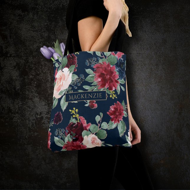 Bolsa Tote Boho Blooms | Marinho escuro Azul e Borgonha Perso (Criador carregado)
