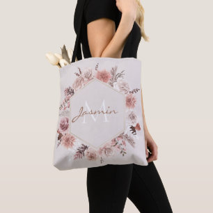 Bolsa Tote Boho Blush Floral Pampas Monograma Nome
