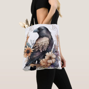 BOLSA TOTE BOHO BROWN & TAN HALLOWEEN RAVEN BIRD & FLOWER