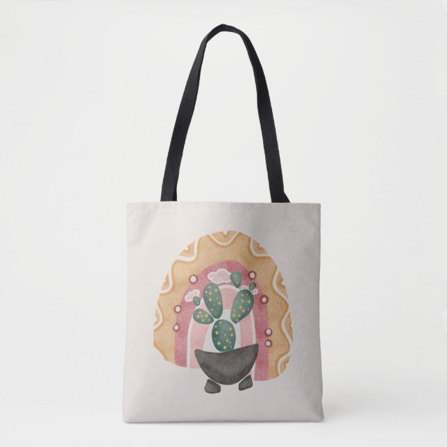 Bolsa Tote Boho Cactus Rainbow: Vibes Vibrantes Do Deserto (Frente)