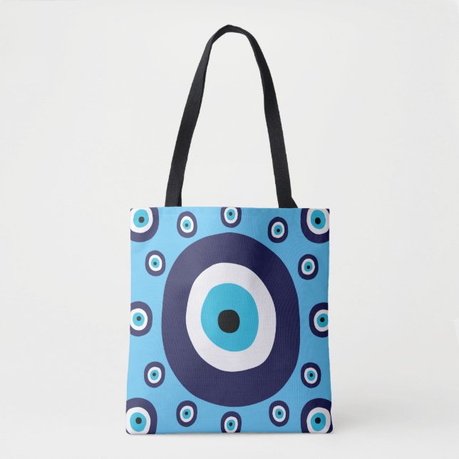 Bolsa Tote Boho Chic Lucky Grego Mau Azul e Branco (Frente)
