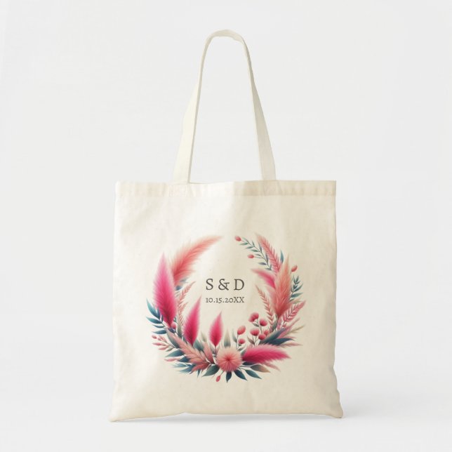 Bolsa Tote Boho Chic Rosa Pampas Casamento (Frente)