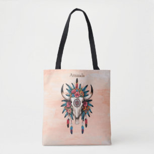 Bolsa Tote Boho Chic Watercolor Tribal Floral Cow Skype