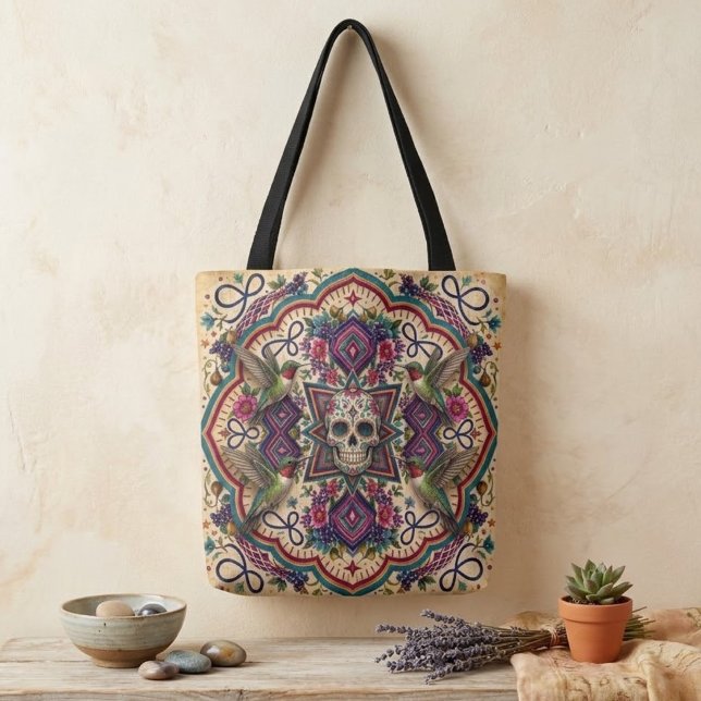 Bolsa Tote Boho Crânio de Açúcar Arte Folclórica  (Criador carregado)