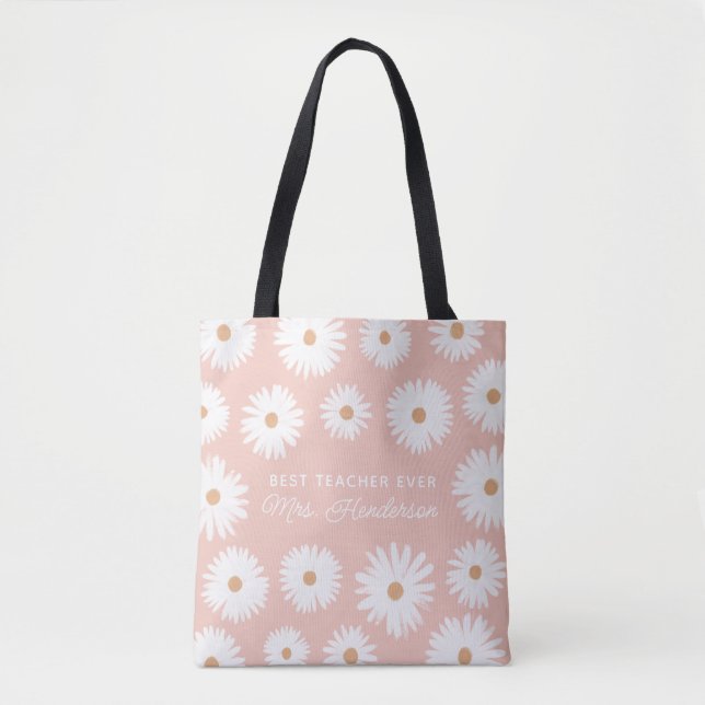 Bolsa Tote Boho Daisy, Rosa, Melhor Professora De Sempre (Frente)