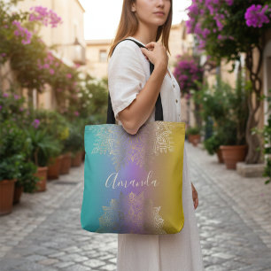 Bolsa Tote Boho Dourado Filigrana Mandala Pastel Arco-íris Om
