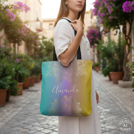 Bolsa Tote Boho Dourado Filigrana Mandala Pastel Arco-íris Om