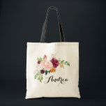 Bolsa Tote Boho Fall Watercolor Burgundy Flowers Bridesmaid<br><div class="desc">Saco de tota de cor branca e inspirado no véu,  com buquê floral de cor d'água,  de flores rosas,  cor-de-rosa esbranquiçadas,  cor de laranja com libélula de folha de cobre. Personalize adicionando seus próprios detalhes. Esta bolsa de tote de buquê floral de outono será perfeita como um presente personalizado.</div>