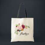 Bolsa Tote Boho Fall Watercolor Burgundy Flowers Bridesmaid<br><div class="desc">Saco de tota de cor branca e inspirado no véu,  com buquê floral de cor d'água,  de flores rosas,  cor-de-rosa esbranquiçadas,  cor de laranja com libélula de folha de cobre. Personalize adicionando seus próprios detalhes. Esta bolsa de tote de buquê floral de outono será perfeita como um presente personalizado.</div>