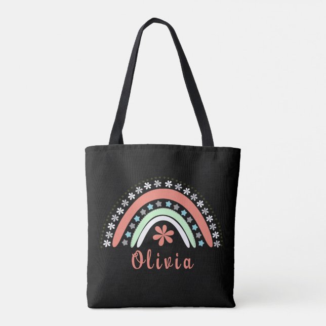 Bolsa Tote Boho Floral Arco-Íris Com Nome Personalizado (Verso)