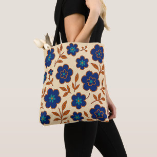 Bolsa Tote Boho Floral Bege e Azul