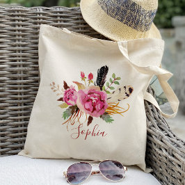 Bolsa Tote Boho floral e penas Para Damas de Honra Personaliz