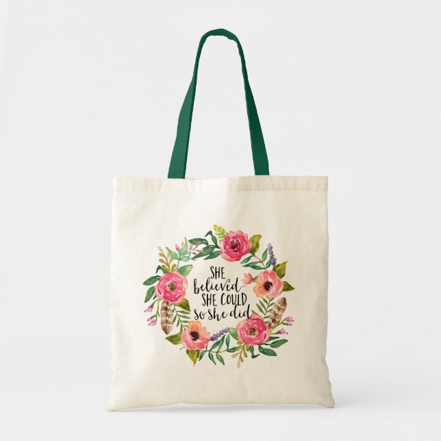 Bolsa Tote Boho floral Ela acreditava que podia, então ela fe (Frente)