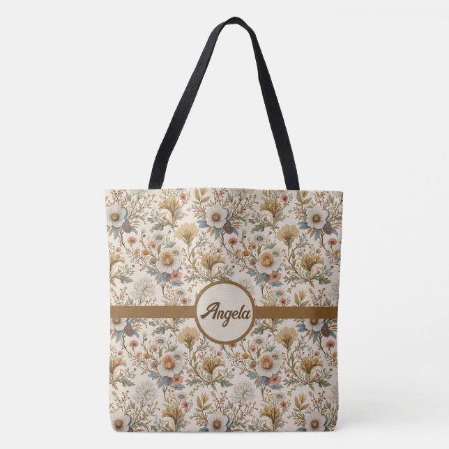 Bolsa Tote Boho Floral em Beige (Frente)