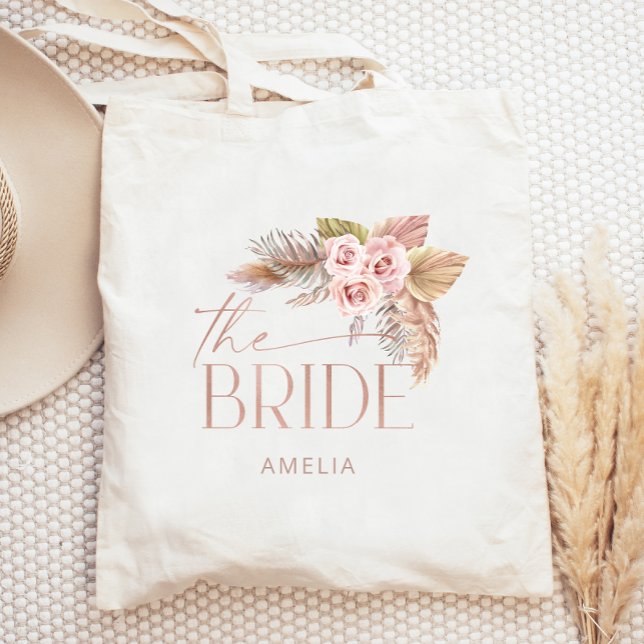 Bolsa Tote Boho Floral Pampas Rosa Dourado Bride (Criador carregado)