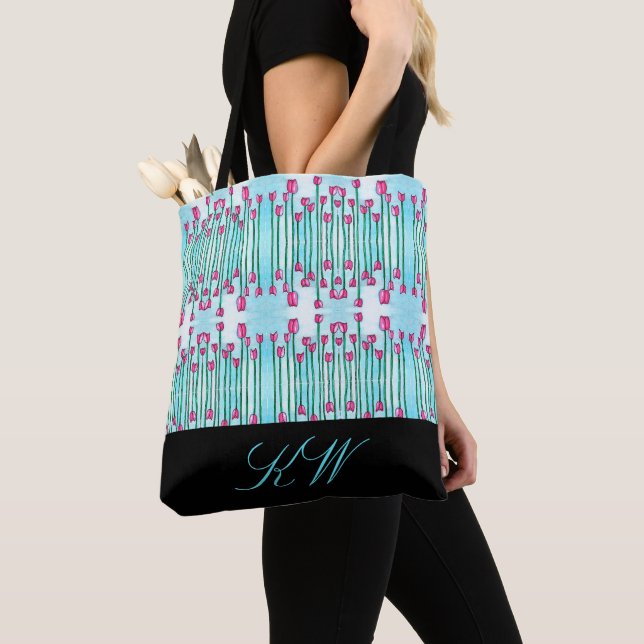 Bolsa Tote Boho Floral Retro Monograma Toag (Close Up)