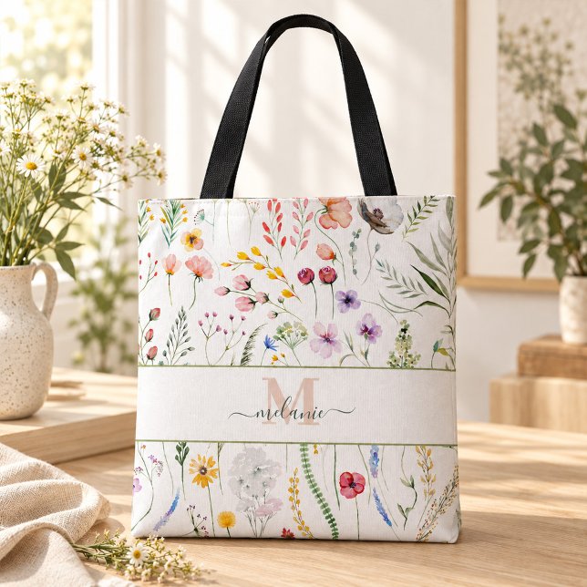 Bolsa Tote Boho Flores Silvestres Nome Personalizado Monogram (Boho Wildflowers Custom Name Monogram Tote Bag
)