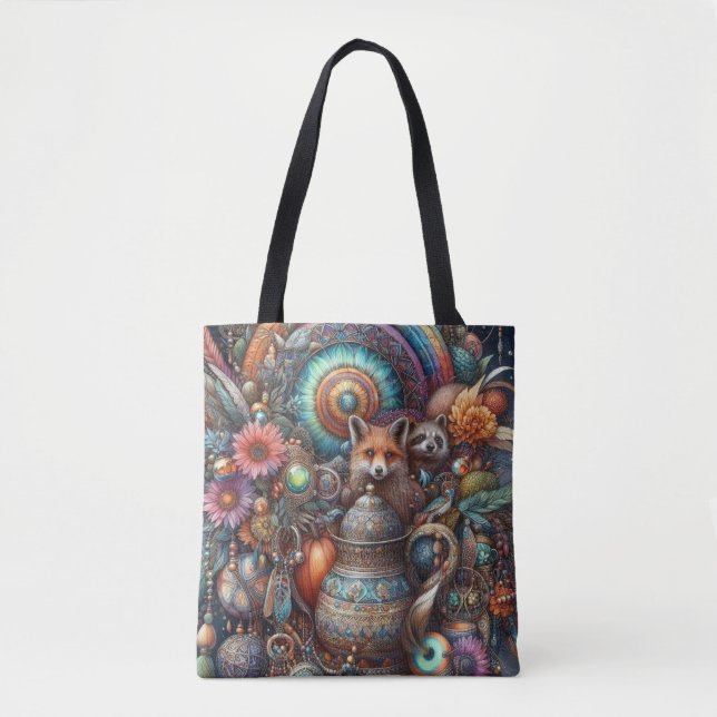Bolsa Tote Boho Fox Raccoon Floral Design (Frente)
