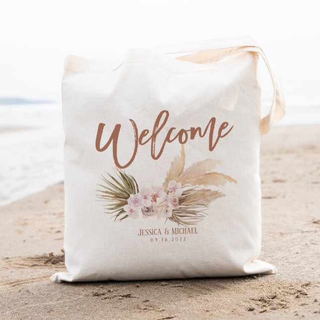 Bolsa Tote Boho Pampas Floral Wedding Welcome (Criador carregado)