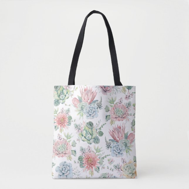 Bolsa Tote Boho Pastel Watercolor Suculents Padrão Floral (Frente)