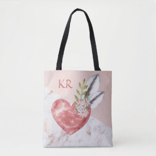 Bolsa Tote Boho Pink Heart Feather Marble Pattern Iniciais