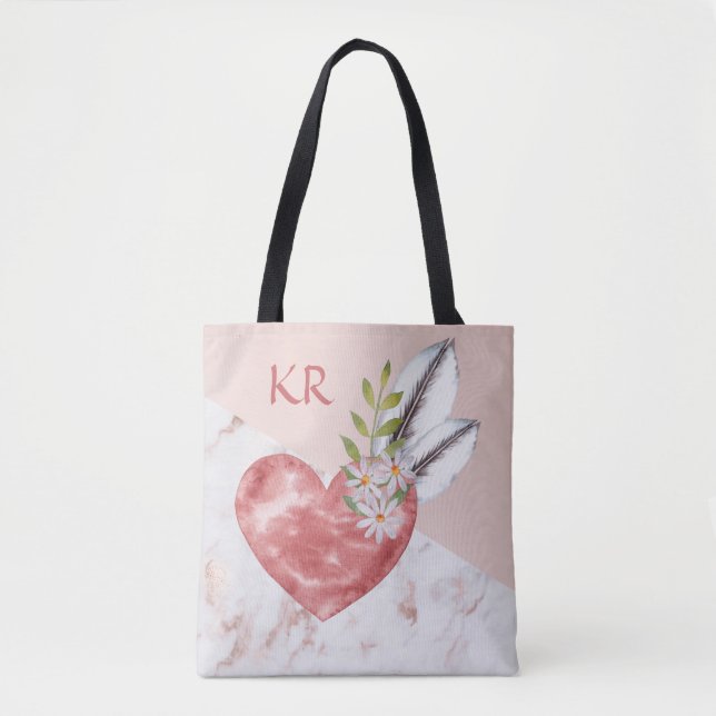 Bolsa Tote Boho Pink Heart Feather Marble Pattern Iniciais (Frente)