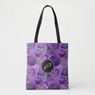 Bolsa Tote Boho Purple Paisley Patterno com Monograma