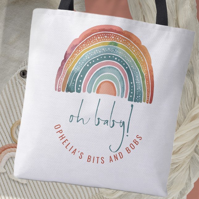 Bolsa Tote Boho Retro Arco-Íris Nome Script Oh Bebê (Criador carregado)