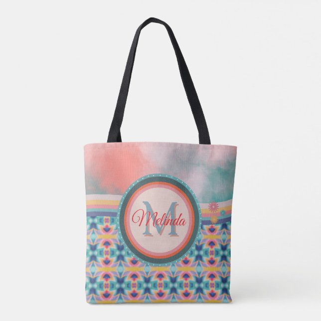 Bolsa Tote Boho Sky Teal, Orange e Pink Patterno (Verso)