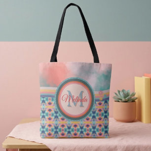 Bolsa Tote Boho Sky Teal, Orange e Pink Patterno