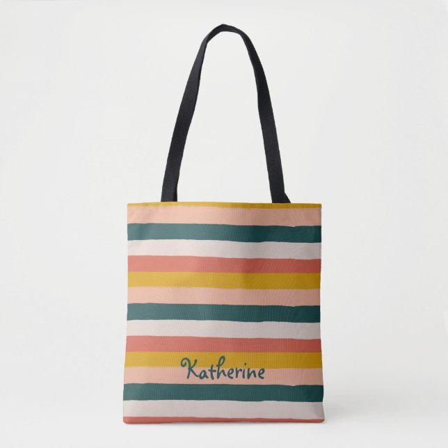 Bolsa Tote Boho Stripes Padrão Tendência de Mostarda Rosa Sal (Frente)