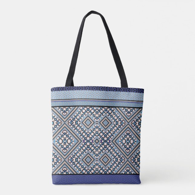 Bolsa Tote Boho Tan, Preto, Tribal Azul Inspirado (Verso)