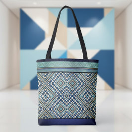 Bolsa Tote Boho Teal, Tan, Preto, Tribal Azul