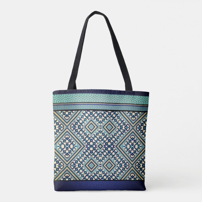 Bolsa Tote Boho Teal, Tan, Preto, Tribal Azul (Verso)