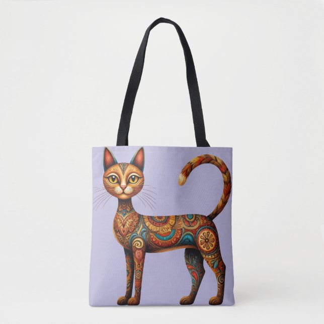 Bolsa Tote Boho Tribal Cat Cute Folk Art with Flowers (Frente)