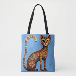 Bolsa Tote Boho Tribal Gato Arte Popular Fofa com Flores