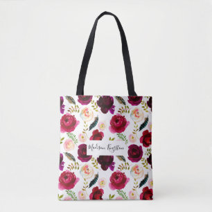 Bolsa Tote Boho Vermelho Floral Rosa Rosa Burgundy