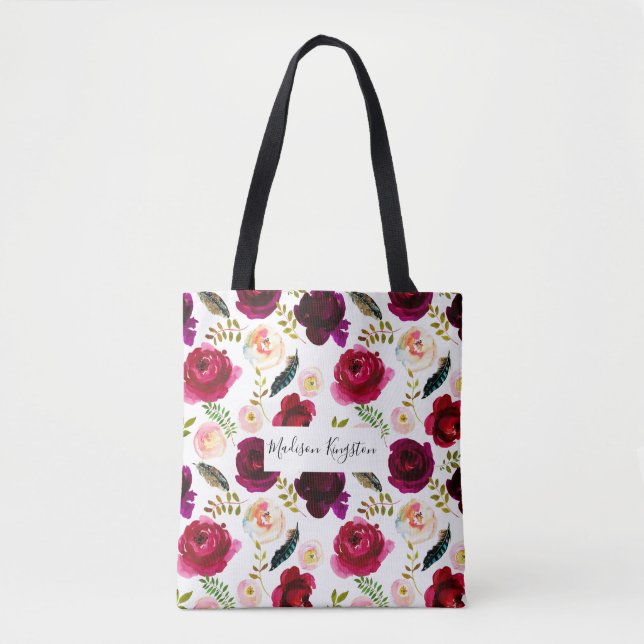 Bolsa Tote Boho Vermelho Floral Rosa Rosa Burgundy (Frente)
