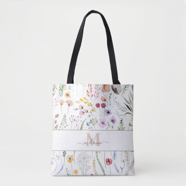 Bolsa Tote Boho Wildflower Custom Name Monograma (Frente)