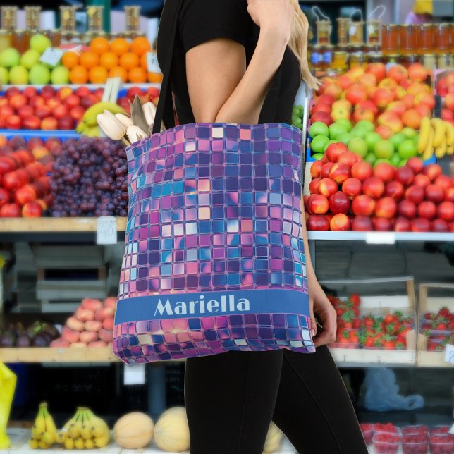 Bolsa Tote Bola de Disco Azul e Roxo do Groovy Personalizada (Groovy blue and purple Disco ball Personalized tote bag)