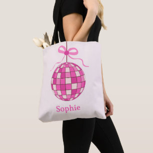 Bolsa Tote Bola de Discoteca Rosa Quente com Laço Coquette pe