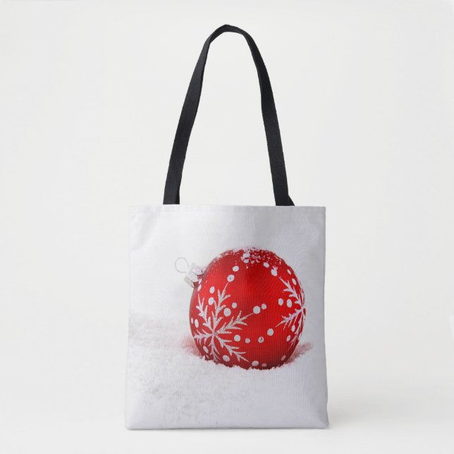 Bolsa Tote Bola de Natal Vermelha com Floco de Neve (Frente)