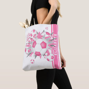 Bolsa Tote Bolas de futebol cor-de-rosa estrelas nome de fã d
