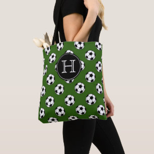 Bolsa Tote Bolas de Futebol Preto e Branco em Monograma Verde