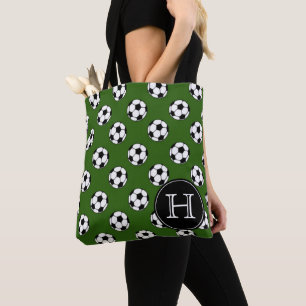Bolsa Tote Bolas de futebol preto e branco no monograma verde