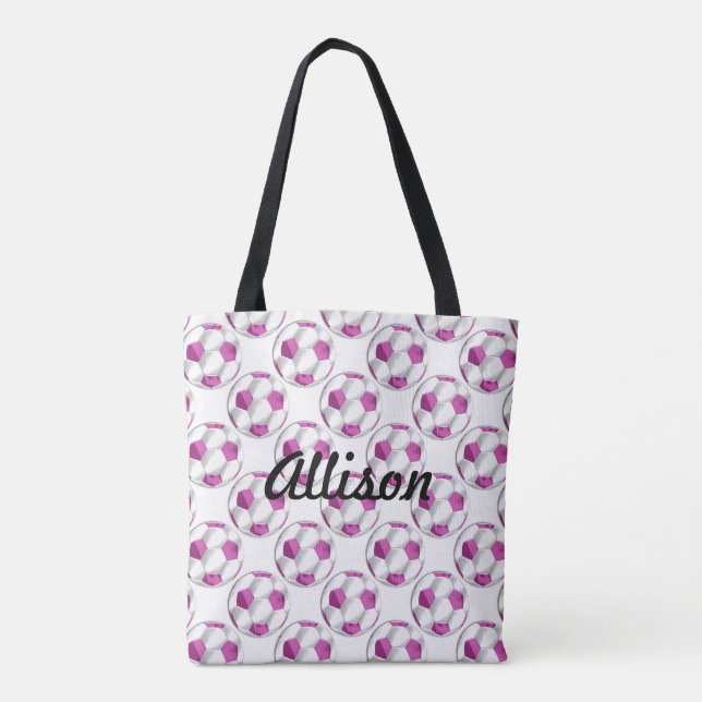 Bolsa Tote Bolas de Futebol Rosa e Branco com Nome (Verso)