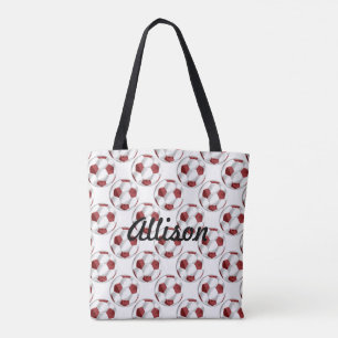Bolsa Tote Bolas de Futebol Vermelho e Branco com Nome