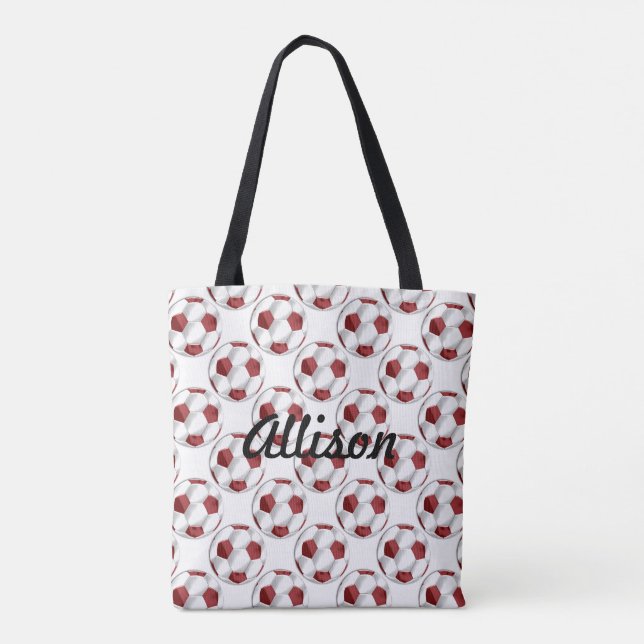 Bolsa Tote Bolas de Futebol Vermelho e Branco com Nome (Verso)