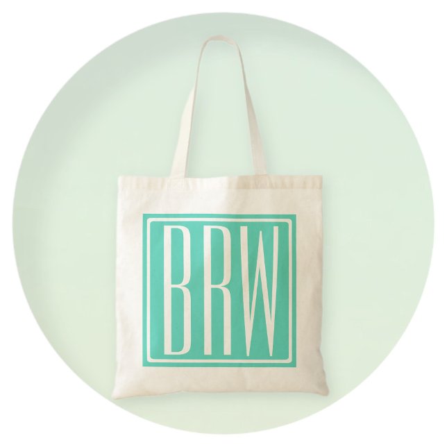 Bolsa Tote Bold Modern 3 Iniciais Monograma | Branco Em Aqua (Criador carregado)